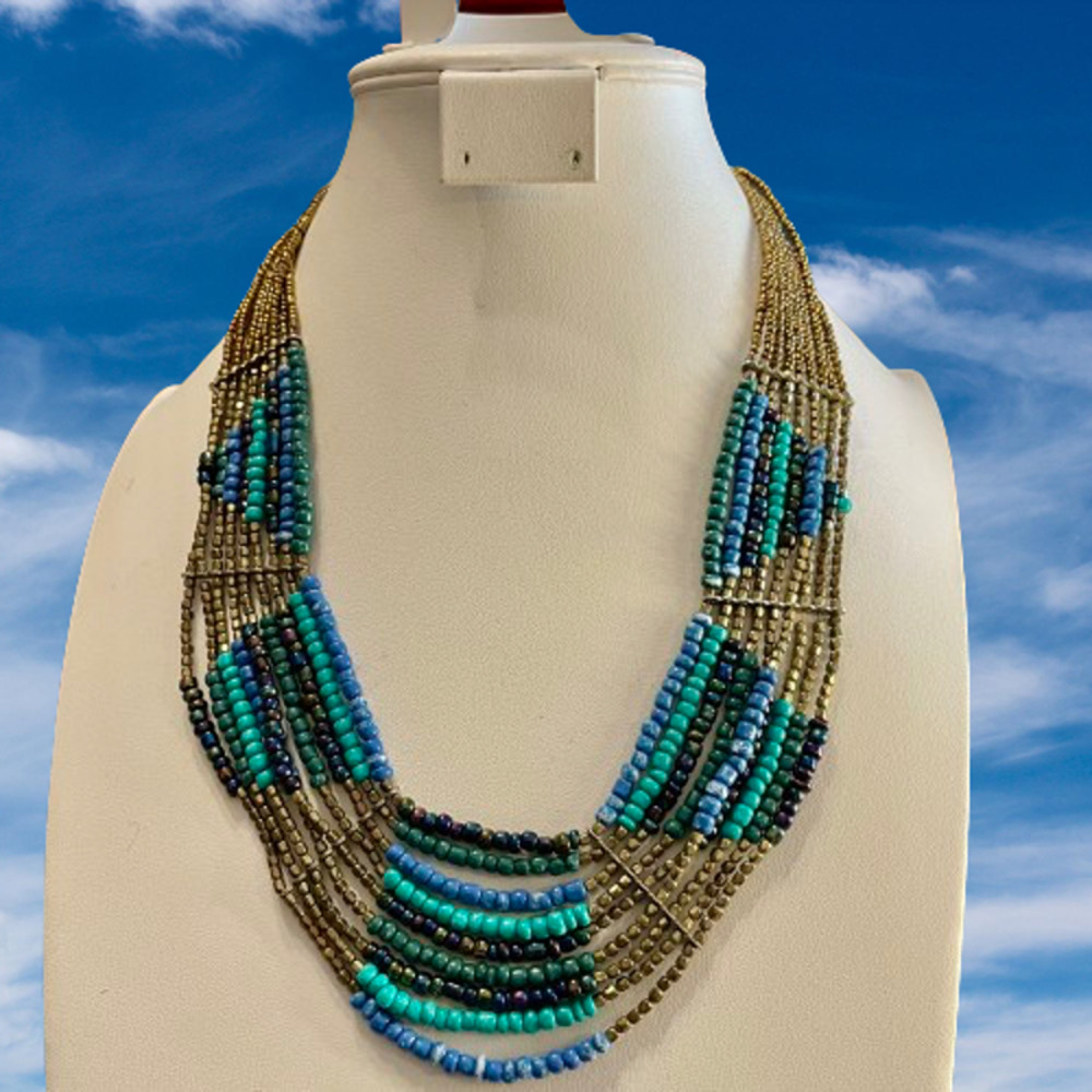 4 for $20 Sale Blue & Gold Bohemian Seed Bead Layered Necklace - Picture 7 of 7